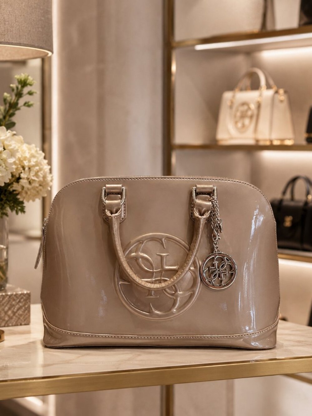 GUESS Mushroom Taupe Patent Dome Satchel Bag Logo Charm
